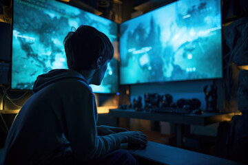 Teenage boy play video game - addiction concept- generative AI, AI generated - obrazy, fototapety, plakaty