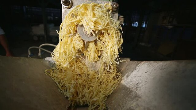 A vacuum plodder machine that refines and makes soap pellets or noodles at factory