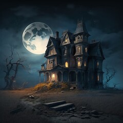 Fototapeta na wymiar Old haunted house with moon behind it, AI generated illustration 