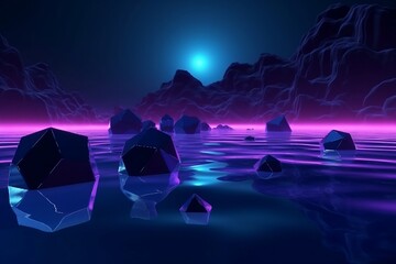 3d render, dark moon night  with rhombus geometric shape, extraterrestrial landscape under the night sky. Rocks and water reflection.