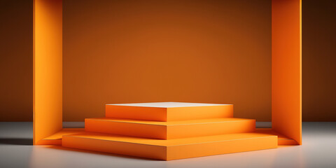 Realistic 3D orange theme podium for product display. Created with Generative AI Technology