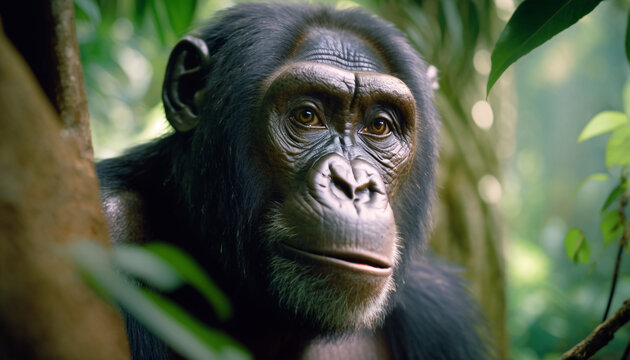 wild chimpanzee in the forest, AI generative