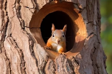 Tuinposter Eekhoorn cute squirrel hiding in a tree hole