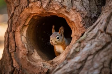 Rolgordijnen cute squirrel hiding in a tree hole © imur