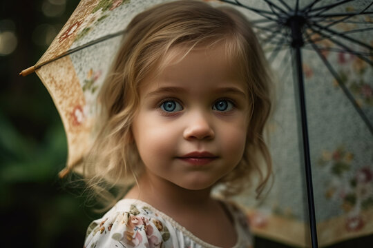 Cute girl with blond hair holding a rain umbrella, AI Generative