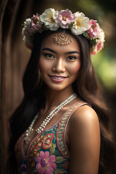 Beautiful Indonesian female model wearing a flower crown and national ethnic costume, AI Generative