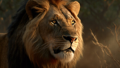 Fototapeta na wymiar Wild male lions in the savanna, powerful and majestic, AI Generative