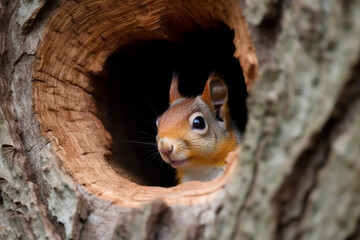 cute squirrel hiding in a tree hole - obrazy, fototapety, plakaty