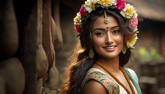 Beautiful Nepalese female model wearing a flower crown and national ethnic costume, AI Generative