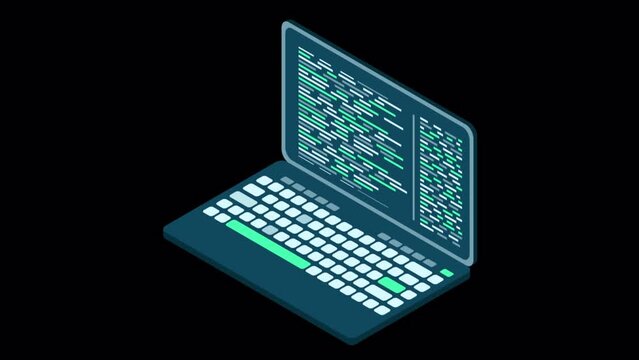 Isometric laptop with coding. Cyber security and data protection. Laptop with programming code. Laptop screen. Transparent background with alpha channel