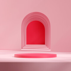 bright pink podium in square pink arch hallway background, rendering 3d scene mockup
