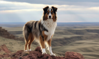Fototapeta na wymiar photo of Australian Shepherd standing atop a rocky cliff overlooking a vast expanse of rolling hills and grasslands. Generative AI
