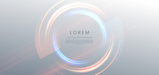 Abstract technology futuristic neon circle glowing blue and orange light lines on grey background.