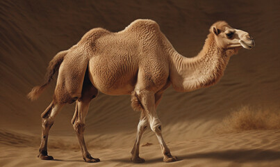 photo of Bactrian camel on desert landscape. Generative AI