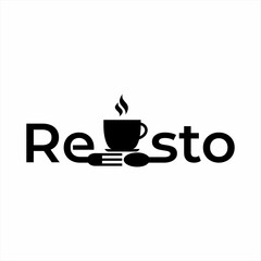 Resto  word design with spoon, fork and cup of hot coffee.