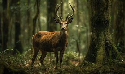 Barasingha standing in its natural habitat, a lush and vibrant forest. The deer's antlers are branching outwards, and its body is covered in a beautiful coat of golden-brown fur. Generative AI