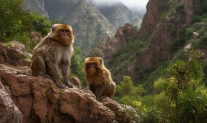 photo of Barbary macaques sitting on the rocky terrain of the Atlas Mountains in Morocco. The macaques have distinctive greyish-brown fur and expressive faces with sharp features. Generative AI