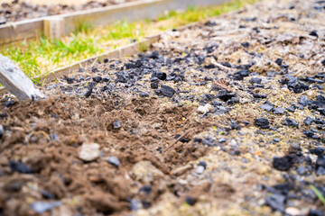 The garden soil is fertilized with wood ash close-up. Increasing the fertility of the land in the garden beds