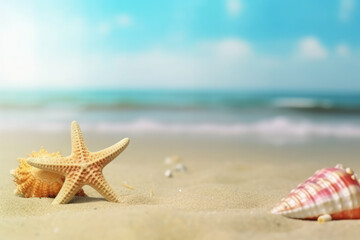 Fototapeta na wymiar starfish and shells on the sand with a paradise beach in the background. Copy space. summer concept. Ai generative