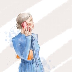 Fashion portrait of a beautiful woman in a blue dress. girl talking on a smartphone. Digital illustration in watercolor technique.