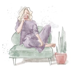 A girl in purple pajamas drinks coffee on a green armchair. Cute watercolor illustration.