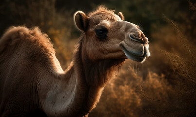 Obraz premium close up photo of Bactrian camel in its natural habitat. Generative AI