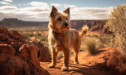 photo of Australian terrier exploring the rugged terrain of the Australian outback. Generative AI