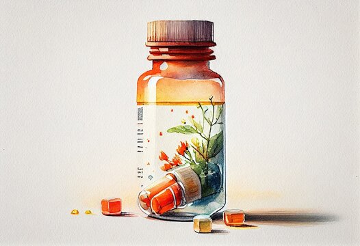 Watercolor Illustration With Empty Pill Bottle Isolated On White Background. Generative AI
