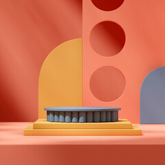 3d render empty space blue yellow podium in square abstract shape orange background
