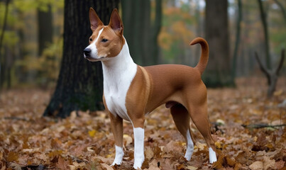 photo of Basenji in its natural habitat. The dog is standing on a patch of dirt covered in dry leaves, surrounded by trees with green leaves in the background. Generative AI