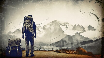 Man with tourist backpack and mountains abstract grunge background. Generative Ai