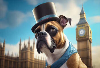 Gentleman dog walking in London. AI genarated - obrazy, fototapety, plakaty