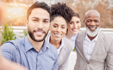 Business, team and selfie outside with smile, pride and happiness working together with diversity. Success, happy face of employees taking outdoor group picture to celebrate achievement or goals.