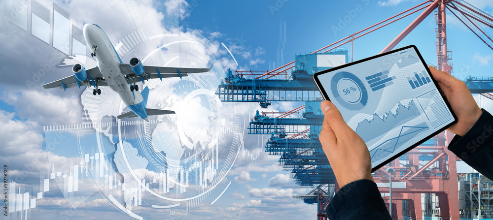 Poster hands with a digital tablet on a background of a ship loaded with containers in the seaport, airplan