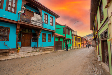 Fototapeta na wymiar Street with traditional turkish ottoman houses in Afyonkarahisar old town. 