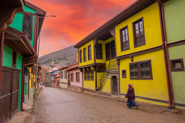 Street with traditional turkish ottoman houses in Afyonkarahisar old town. 