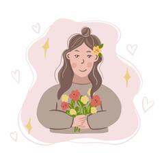 Portrait of cute girl with flowers. Self care, self love, harmony. Isolated illustration.