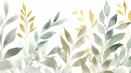 beautiful watercolor seamless border 2, illustration with green gold leaves and branches