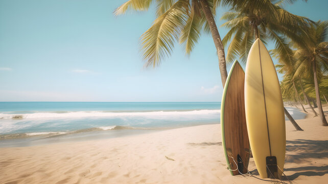 surfboard on the beautiful beach with clear blue sky and white sand under palm tree 