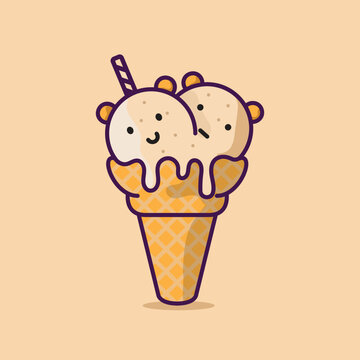cute twin ice cream illustration, in milky white color, with cream background. suitable for logo, web, t-shirt design