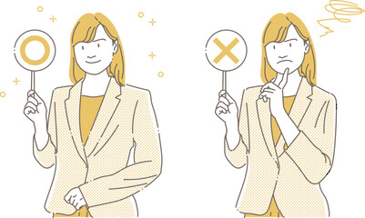 マルバツ札を掲げるビジネスウーマン-モノクロ