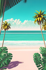 Obraz premium Tropical beach with palm trees, retro illustration. Generative AI