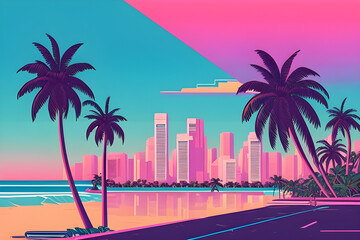 Tropical city skyline at sunset, 80s vibe. Generative AI