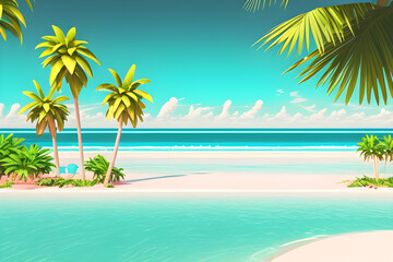 Fototapeta na wymiar Tropical island with palm trees, retro landscape. Generative AI