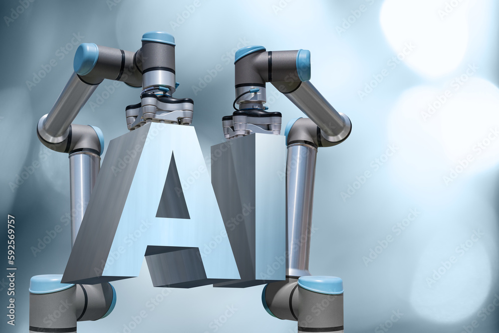 Poster Robots assemble the AI - symbol of artificial intelligence.