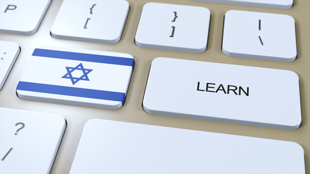 Learn Hebrew Language Concept. Online Study Courses. Button with Text on Keyboard. 3D Illustration