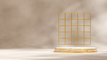 scene template white marble cylinder podium in landscape gold grid and ring, 3d render
