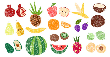 Children's drawing. Set of fruits.