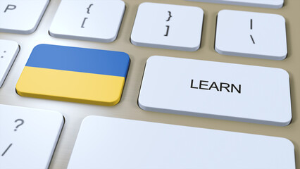 Learn Ukrainian Language Concept. Online Study Courses. Button with Text on Keyboard. 3D Illustration