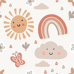 Cute cartoon boho nursery pattern. Vector print for wall decor in children bedroom. Seamless pattern with cartoon rainbow, sun and clouds
